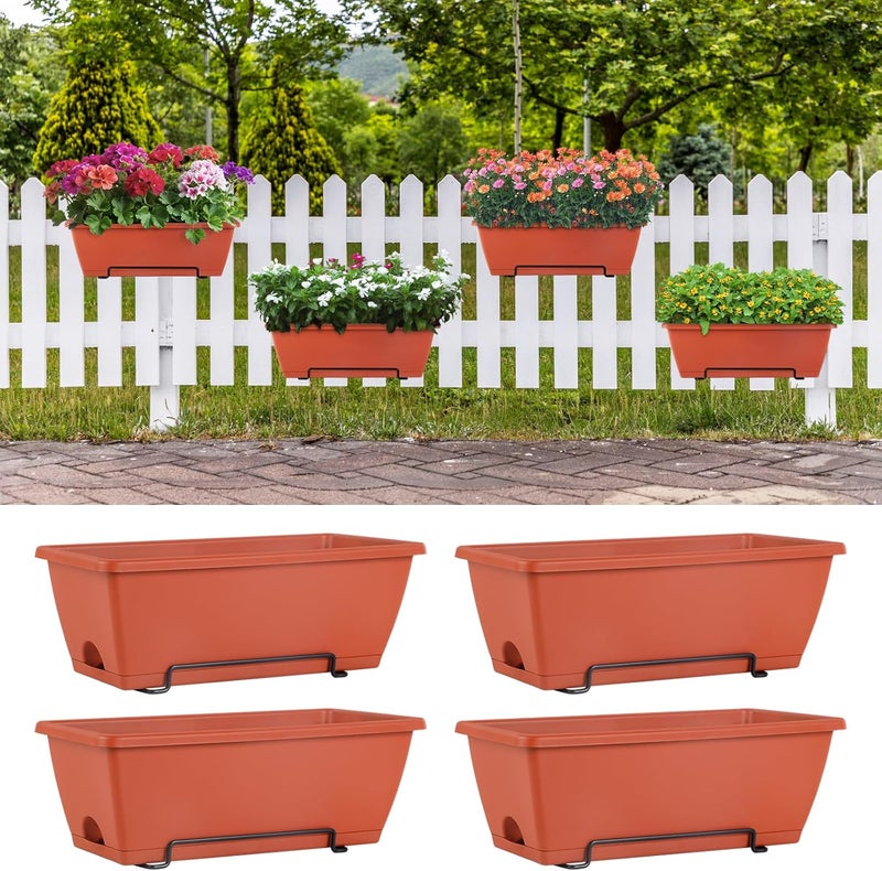 HAITRAL 16.9 Inch Deck Railing Planter Boxes for Plants, Rectangular Hanging Window Boxes Planters with Metal Flower Pots Brackets - 4 Pack Railing Planter Box for Balcony Fences Garden, Red - Image 1